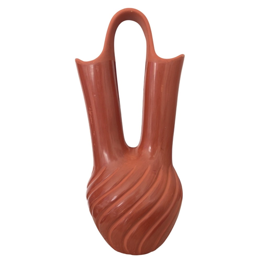 Native American Jemez Pueblo Redware Wedding Vase w spiral ribbing 12" SIGNED